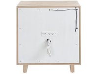 Wooden side table with white panel featuring electrical outlets and a plug.