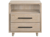 Wooden nightstand with two drawers on a white background