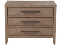 A three-drawer wooden nightstand or end table with a medium brown oak-like finish and slim dark metal bar handles, shown against a plain white background.