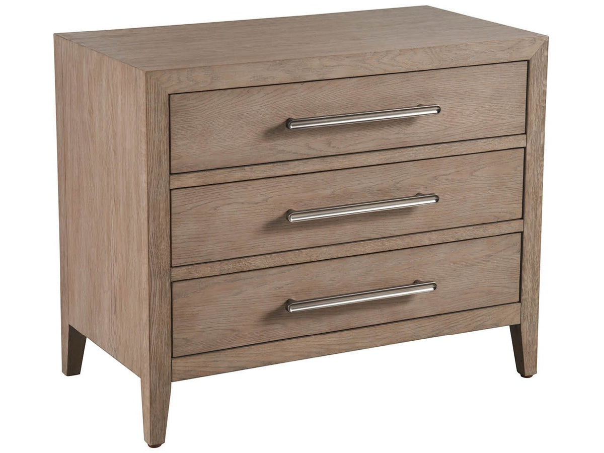 Wooden dresser with three drawers and metal handles on a white background
