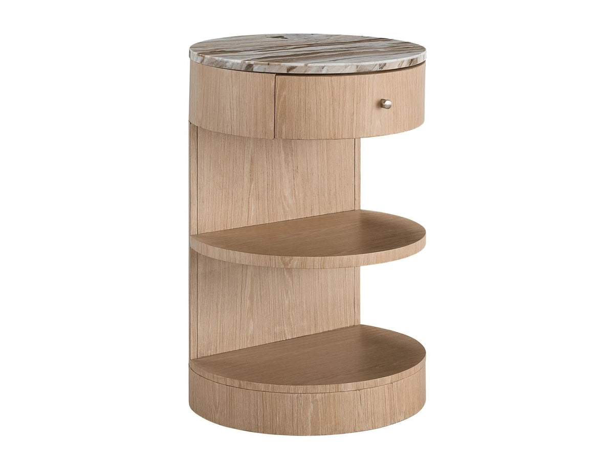 Wooden side table with marble top on a white background