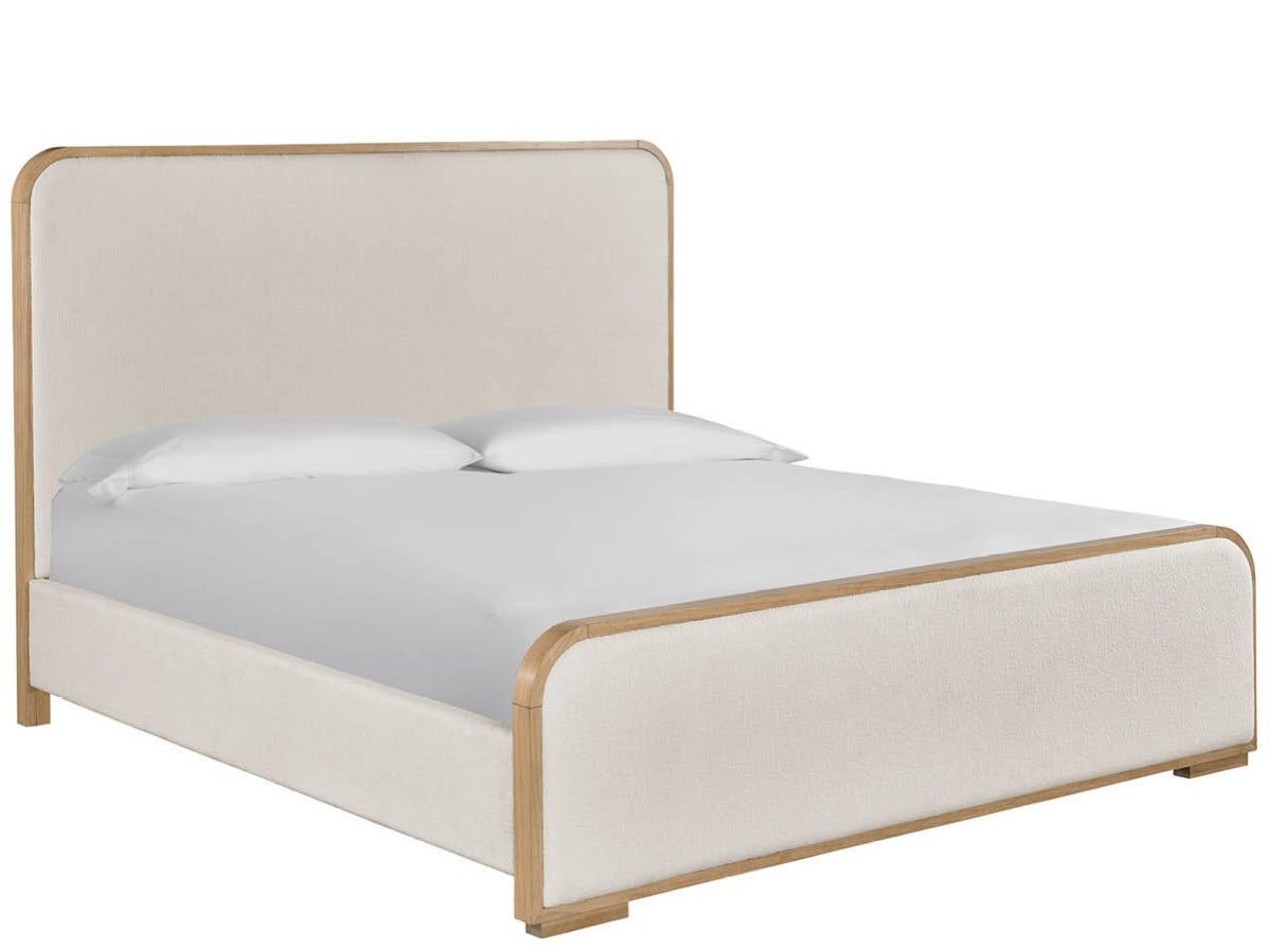 Bed with beige headboard and frame on a white background