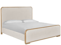 Bed with beige headboard and frame on a white background
