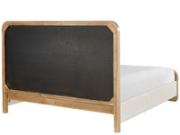 A bed frame with a light natural wood border and a large dark charcoal textured backboard, shown with a white mattress on a white background.