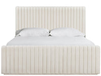 Beige upholstered bed with white bedding on a white background
