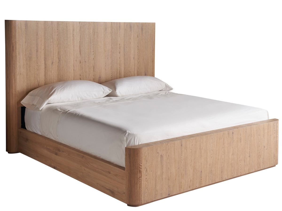 Wooden bed with white bedding on a white background