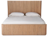 Wooden bed with white bedding on a white background