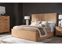 Wooden bed with bedding in a bedroom setting