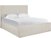 Beige upholstered bed with white bedding on a white background