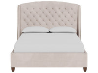 An upholstered bed frame with a tall, tufted wingback headboard and matching footboard, shown with a white mattress and two white pillows on a plain white background.