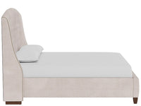 Beige upholstered bed with white mattress and pillow on a white background