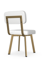 A white dining chair with a padded backrest and seat, featuring a wooden frame and legs.