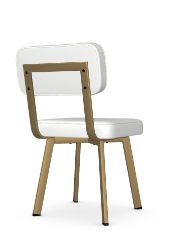 A white dining chair with a padded backrest and seat, featuring a wooden frame and legs.