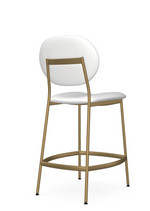 A white counter stool with a full back and an oval-shaped seat, featuring a gold-colored metal frame.