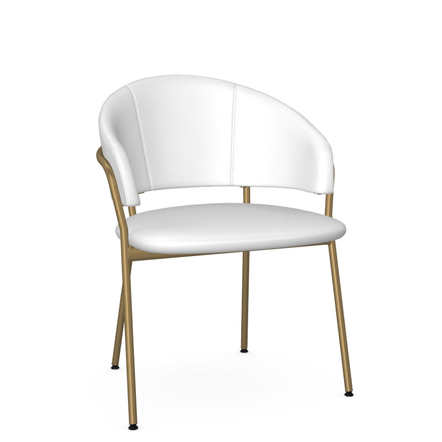 A white dining chair with a gold metal frame and a full backrest.