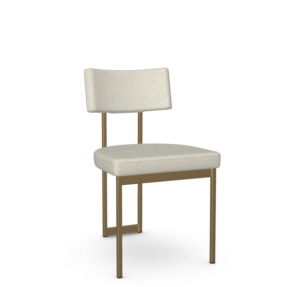 A contemporary Samantha dining chair with an open-back design, featuring a beige upholstered seat and metal legs.