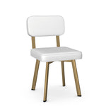A white dining chair with a padded backrest and seat, featuring a wooden frame and legs.