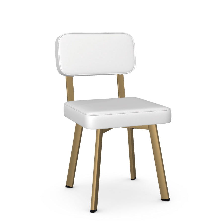 A white dining chair with a padded backrest and seat, featuring a wooden frame and legs.
