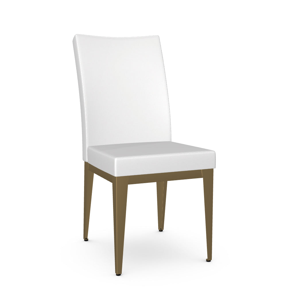 A white dining chair with a full backrest and seat, featuring a wooden frame.