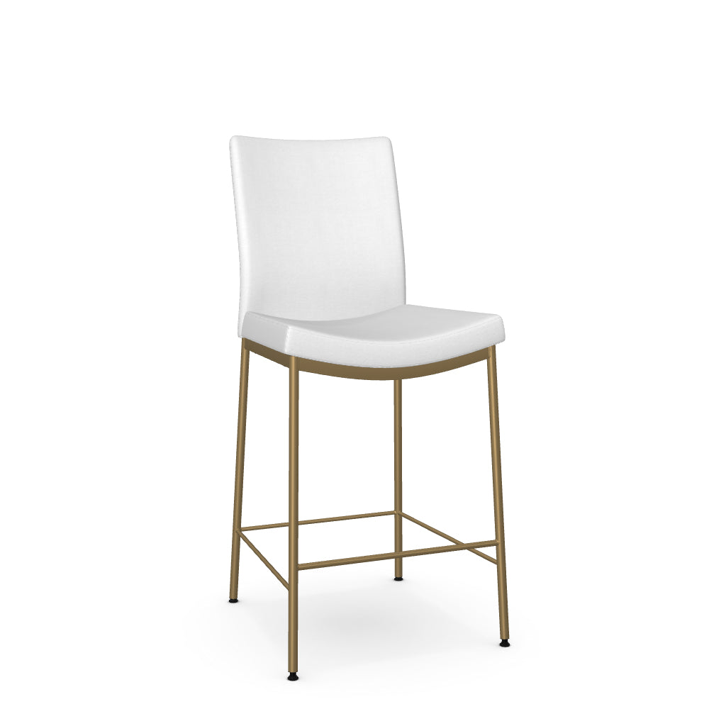 A white high back counter stool with a gold metal frame.