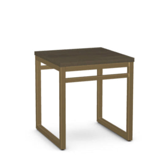 A square-shaped, brown veneer end table with a simple design and no backrest, showcasing a solid wood construction.