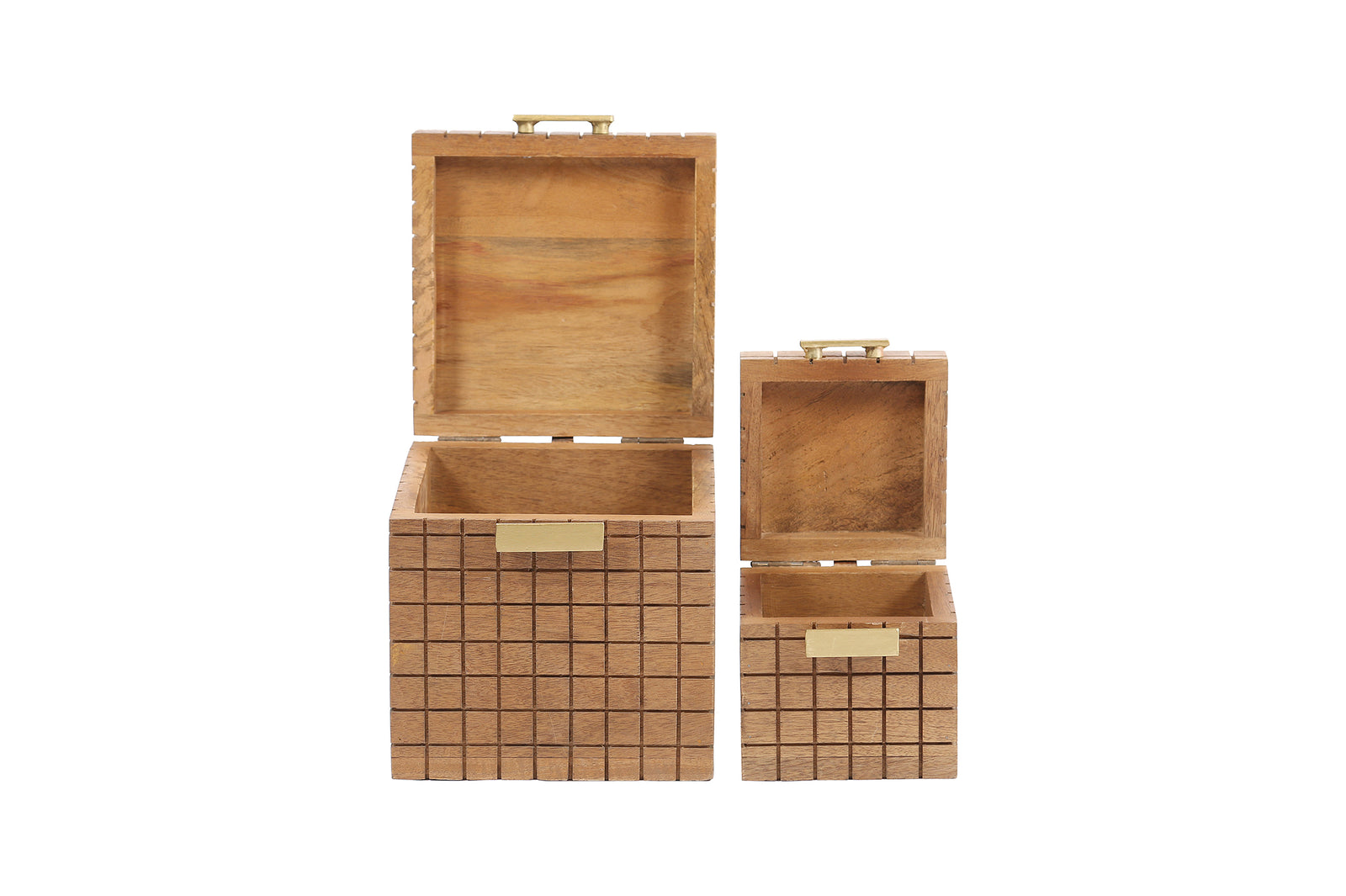 Two brown mango wood modular storage cubes with a natural finish and iron antique brass plated handles.