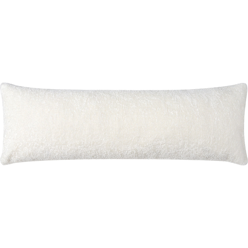 A white kidney-shaped throw pillow with a plush texture, likely made from polyester shearling, with a solid pattern.