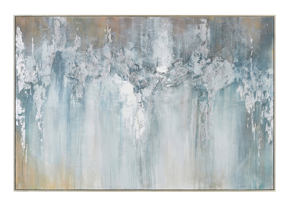 Abstract painting with blue and gold colors creating an abstract pattern, predominantly in shades of blue.