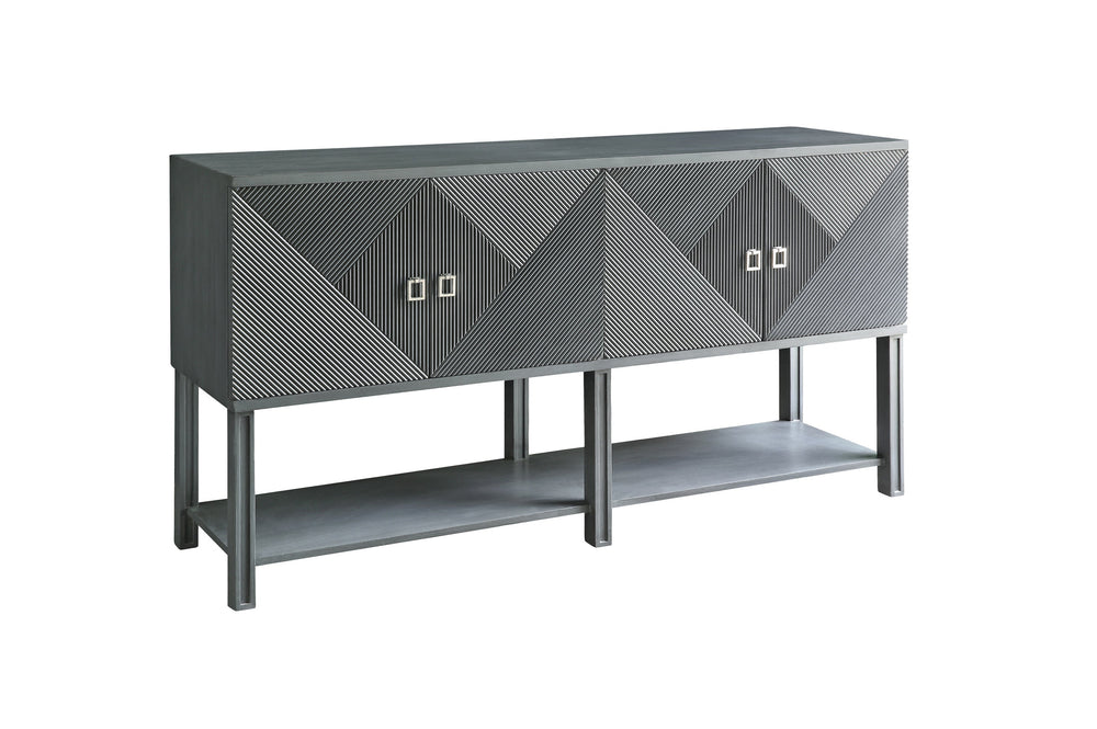 A navy blue sideboard with geometric patterns on the front, featuring three doors and metal hardware, set on a minimalist metal frame.