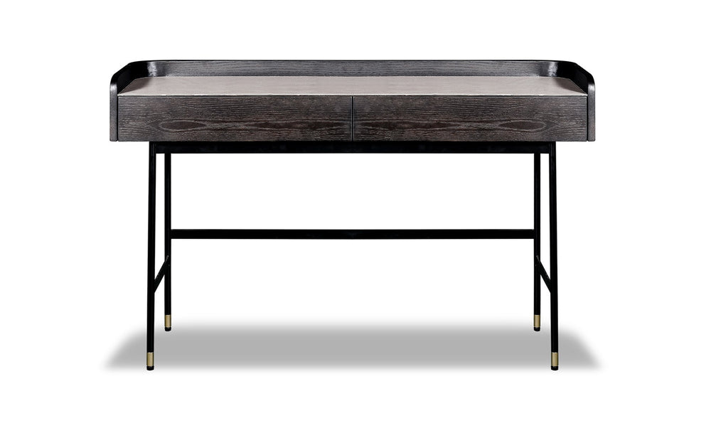 A black leather desk with a wooden base and two slim drawers, designed for office use.