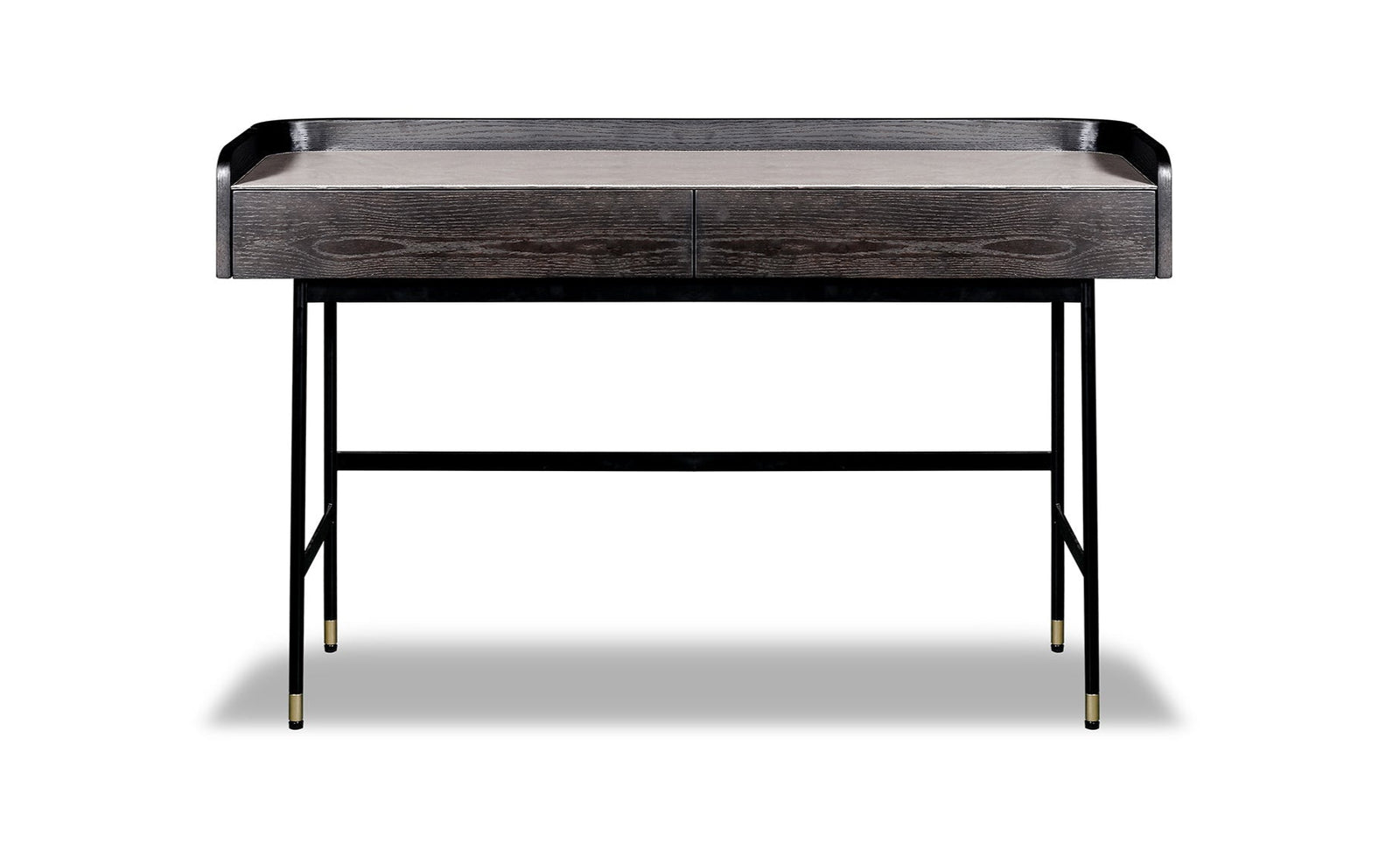 A black leather desk with a wooden base and two slim drawers, designed for office use.