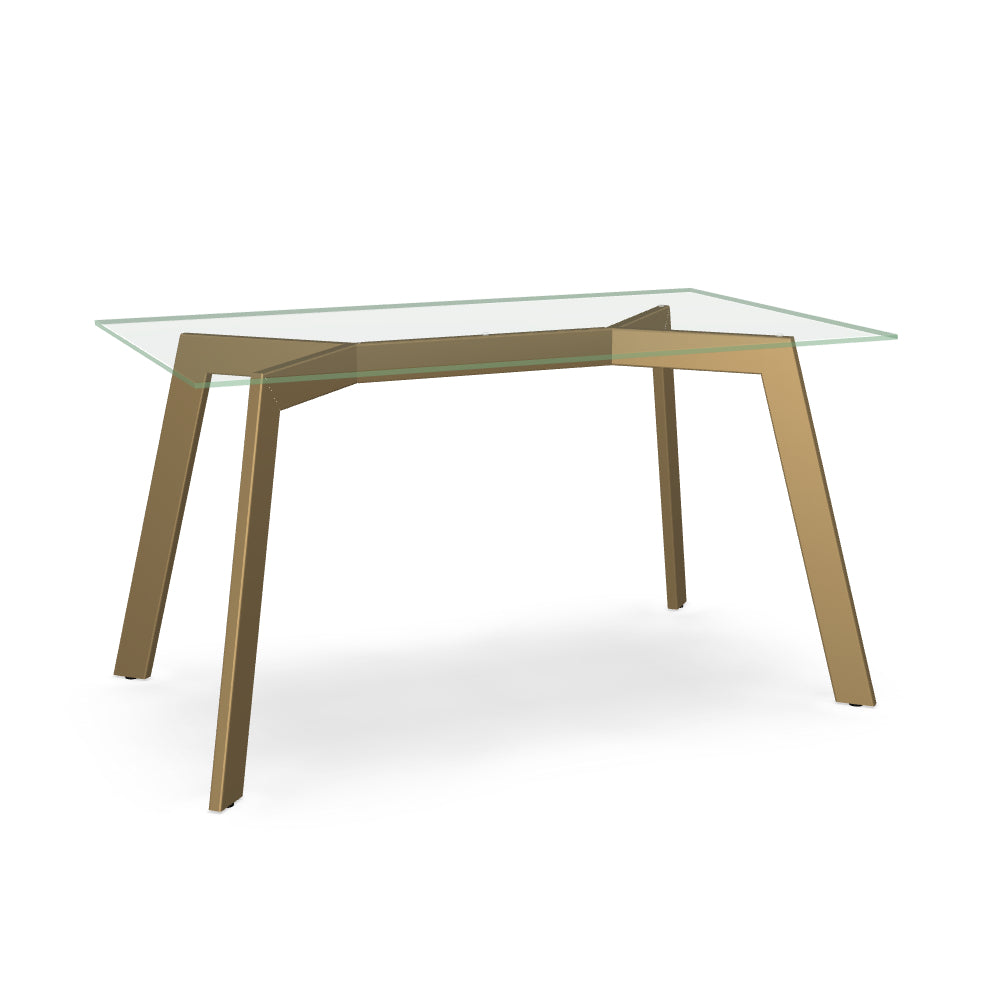 Amy Glass Dining Table
A clear glass top dining table with a brass accent base.