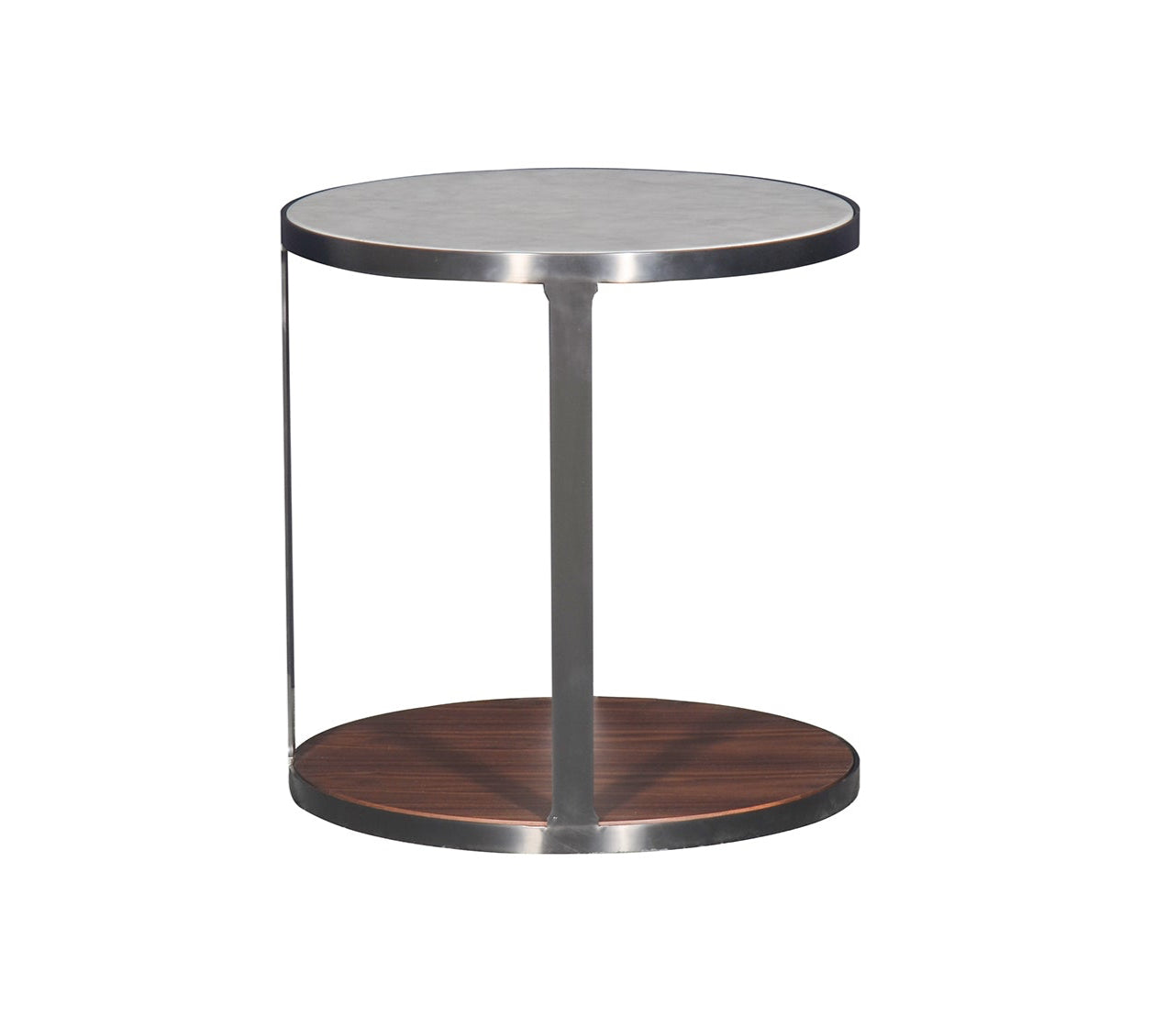 Round side table with metal base and wooden shelf on a white background
