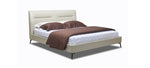 A beige upholstered headboard bed with brown leather-like fabric on the headboard and a white mattress.