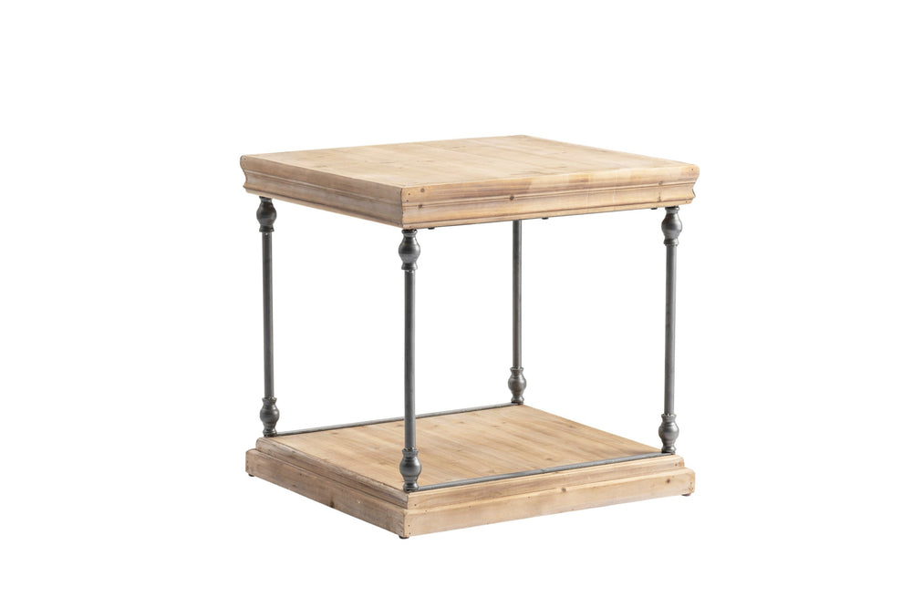 A rectangular wooden end table with a metal frame.