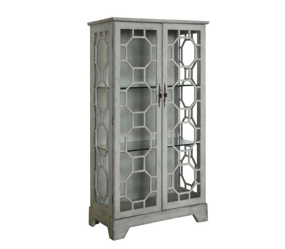Gray cabinet with decorative glass panels on a white background