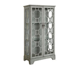 Gray cabinet with decorative glass panels on a white background