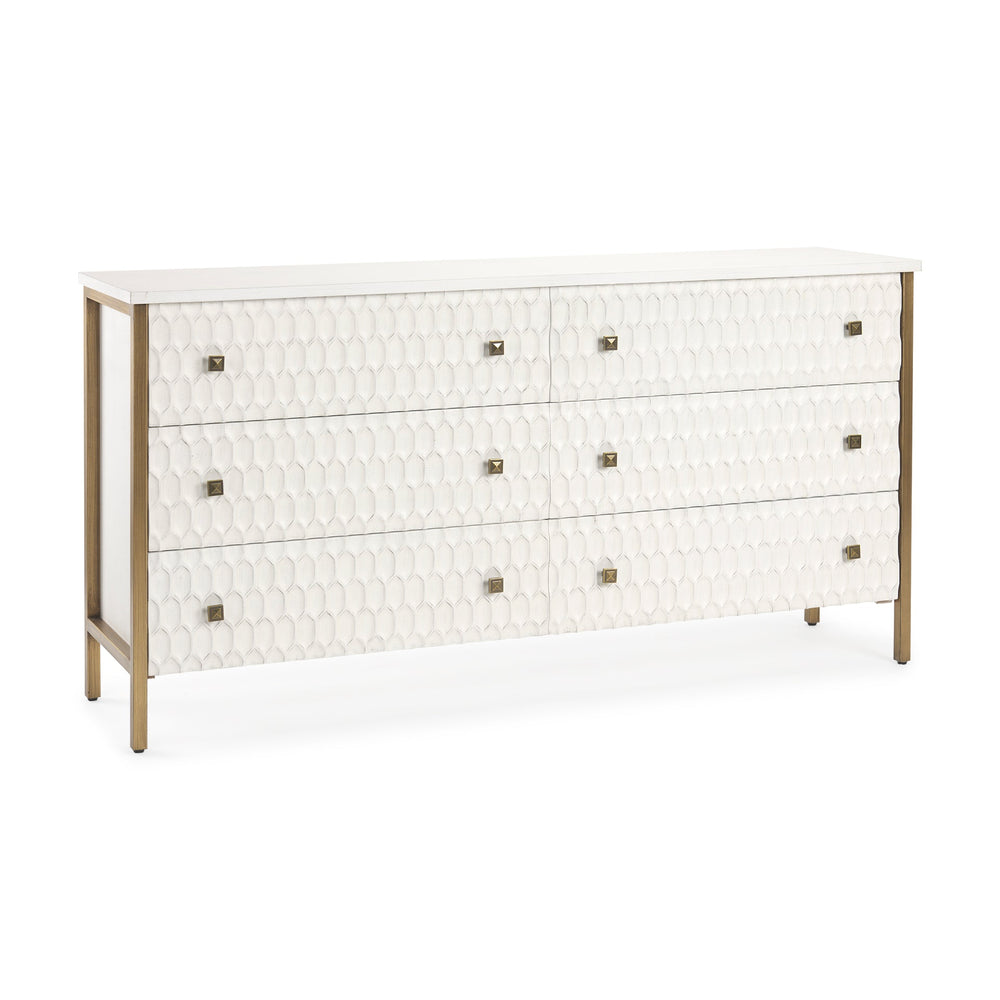 A white wooden sideboard with a geometric pattern on the front, featuring bronze-colored handles and legs.