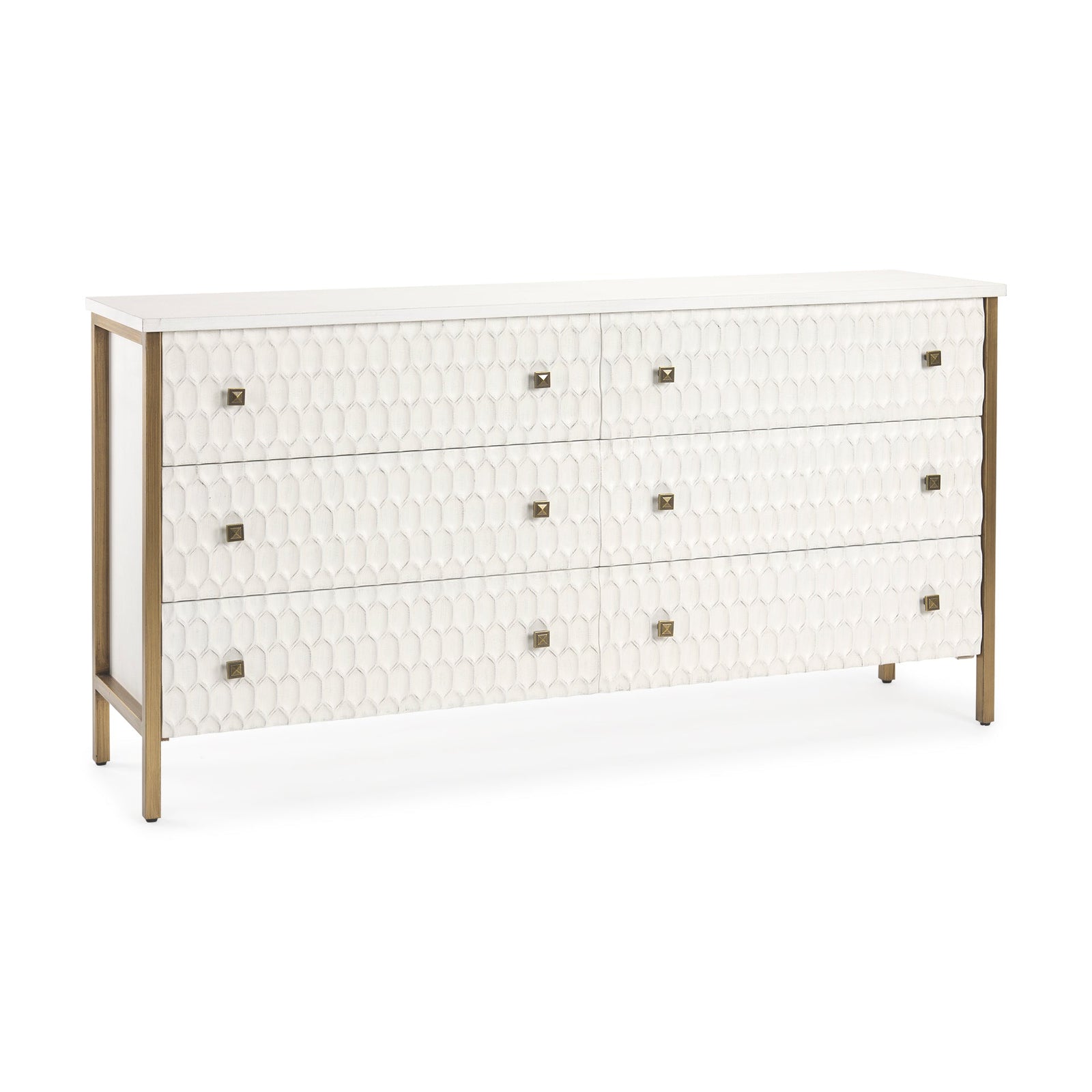 A white wooden sideboard with a geometric pattern on the front, featuring bronze-colored handles and legs.