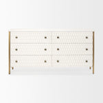 A white wooden sideboard with a geometric pattern on the front, featuring bronze-colored handles and legs.