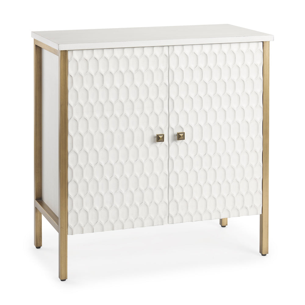 A white sideboard with a geometric pattern, featuring gold-colored accents and legs, with a drawer and a handle on the front.