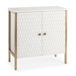 A white sideboard with a geometric pattern, featuring gold-colored accents and legs, with a drawer and a handle on the front.