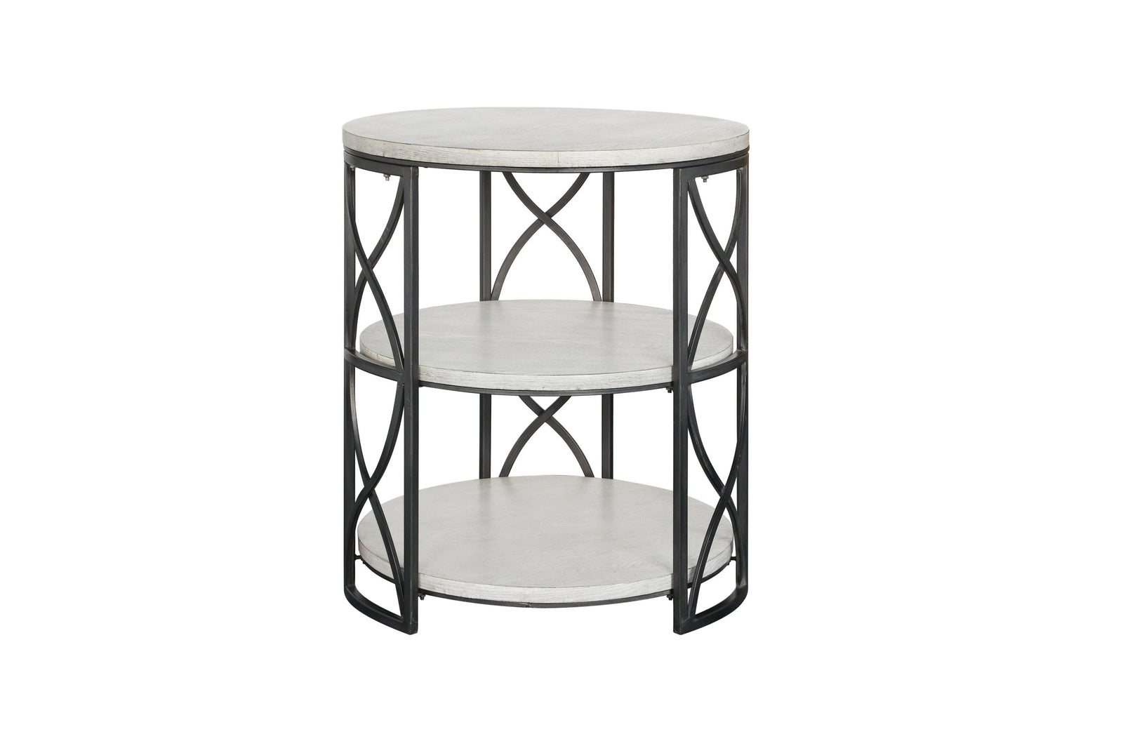 Round side table with marble top and black metal frame on a white background
