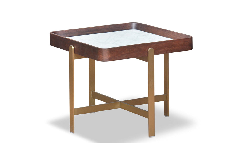 Small wooden table with a glass top on a white background