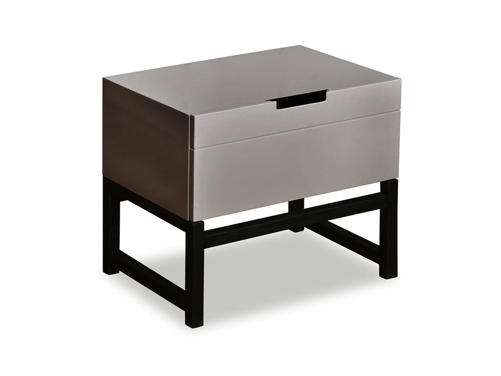 Small side table with a gray top and black base on a white background