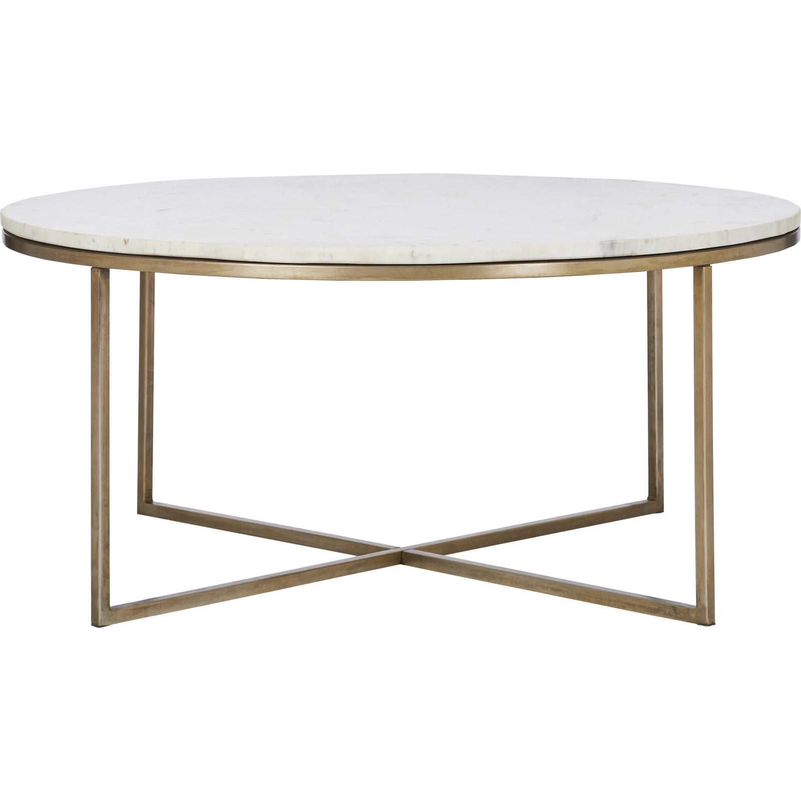 Round white marble coffee table with antique brass plated iron frame.