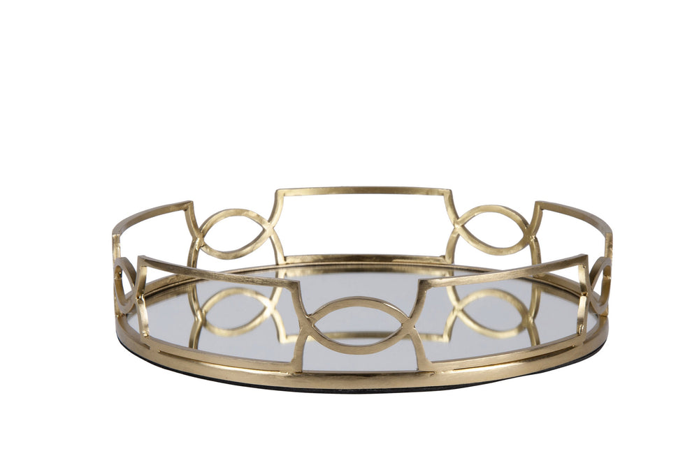 Gold decorative tray with intricate designs on a white background
