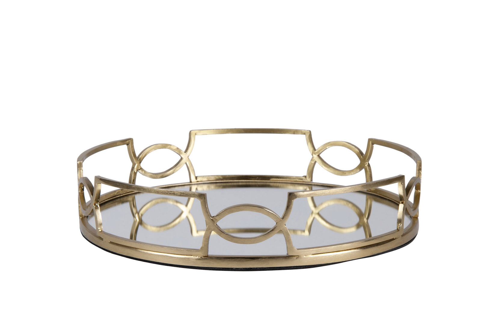 Gold decorative tray with intricate designs on a white background