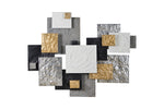 A contemporary abstract wall decor featuring geometric concrete tiles in gray, black, white, and gold colors with a textured finish.