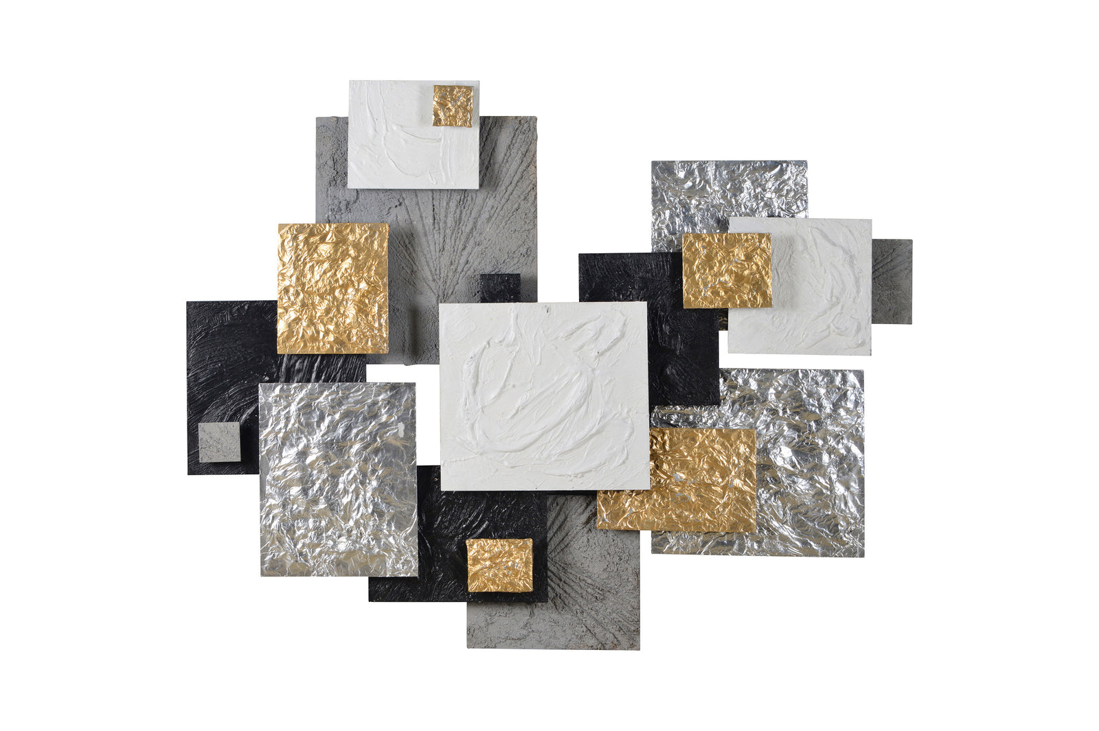A contemporary abstract wall decor featuring geometric concrete tiles in gray, black, white, and gold colors with a textured finish.